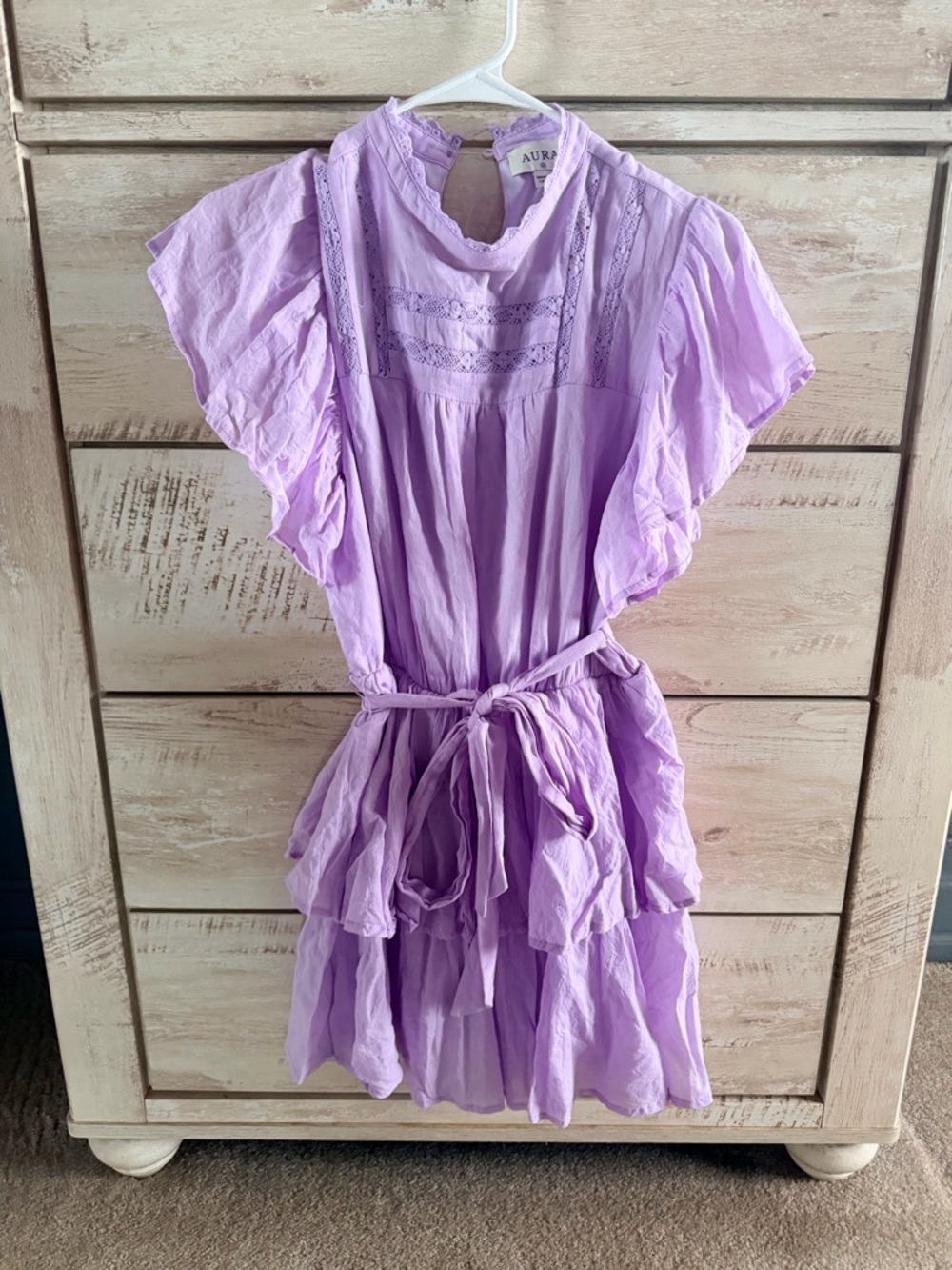 Aura Lavender Ruffled Lace Belted Dress